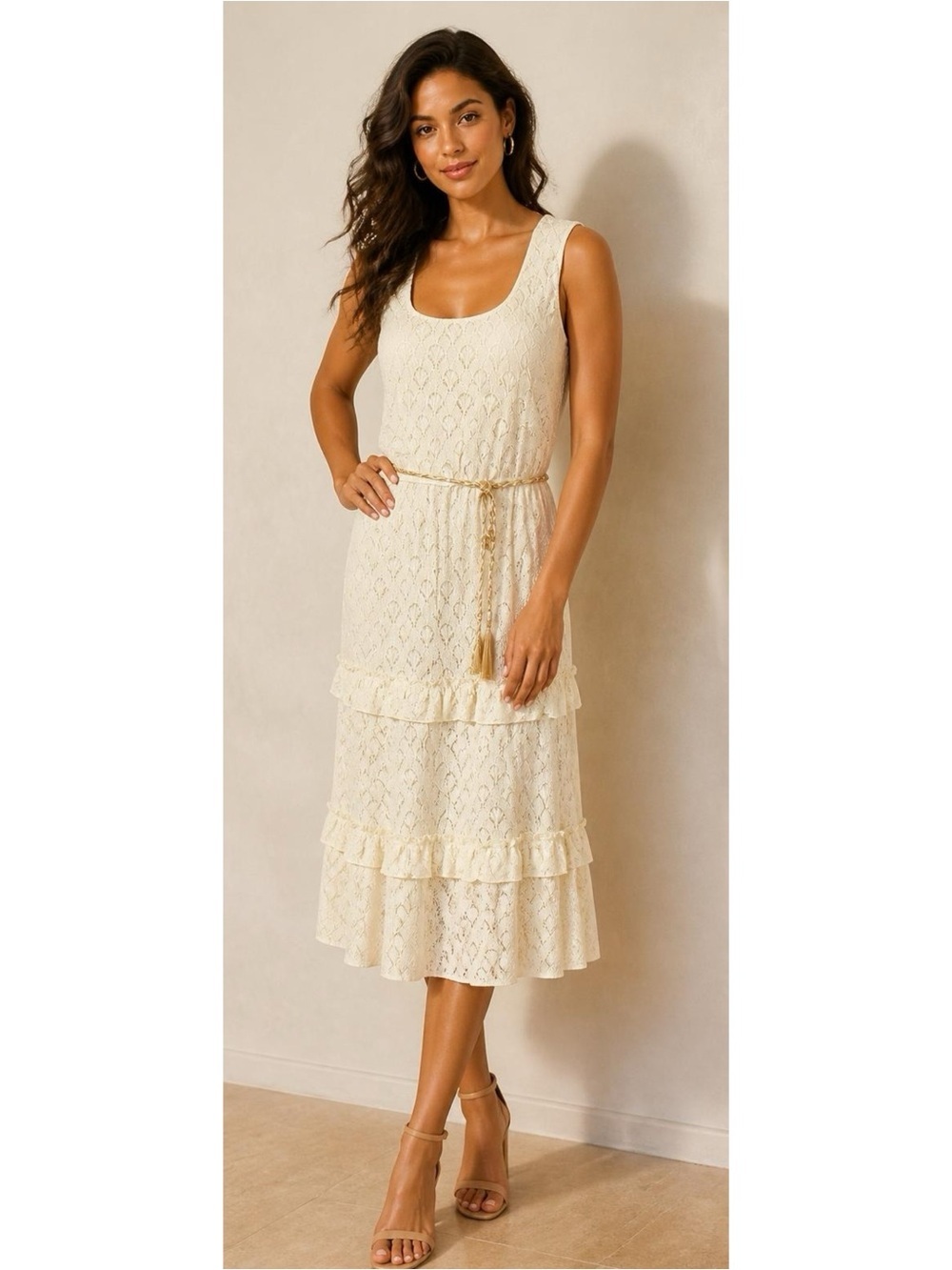 KATE & LILY Elegant Cream Lace Boho Midi Dress Sleeveless Ruffle Sz Medium